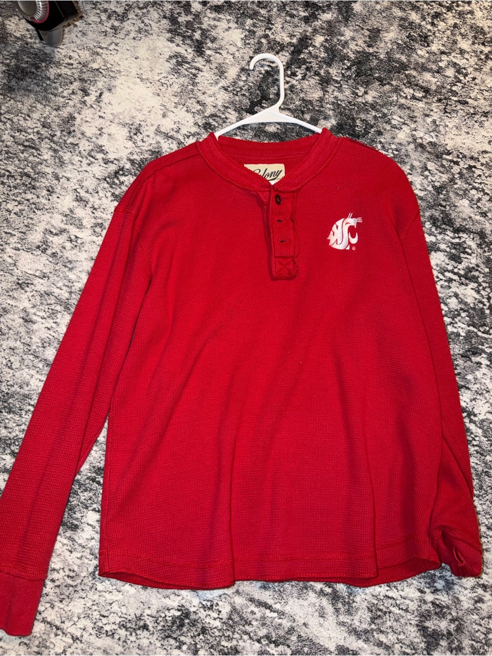 Red Long-Sleeve Henley with White Logo - Men's
